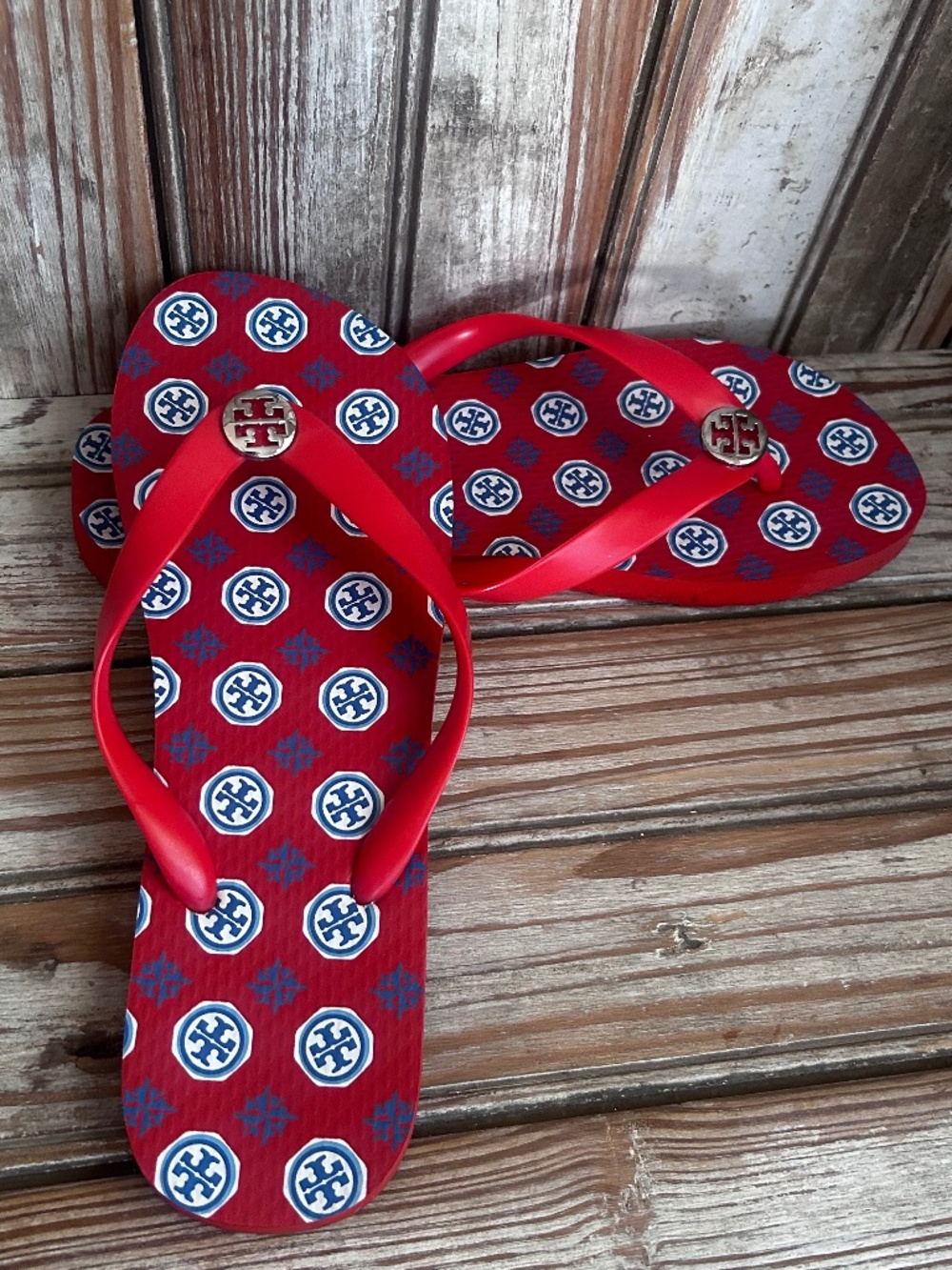 Tory Burch Red Logo Pattern Flip Flop